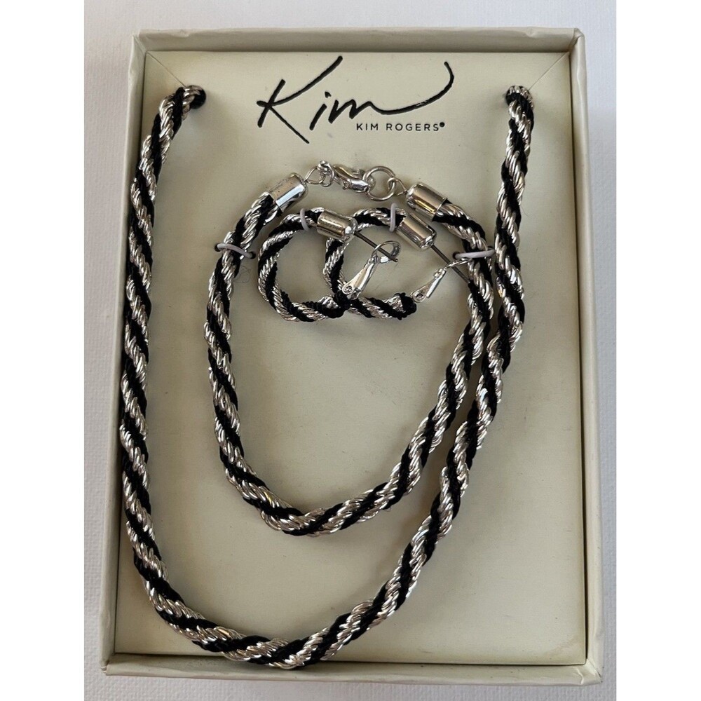 Kim Rogers Rope Style Necklace Bracelet Earrings Set Silver Tone Black